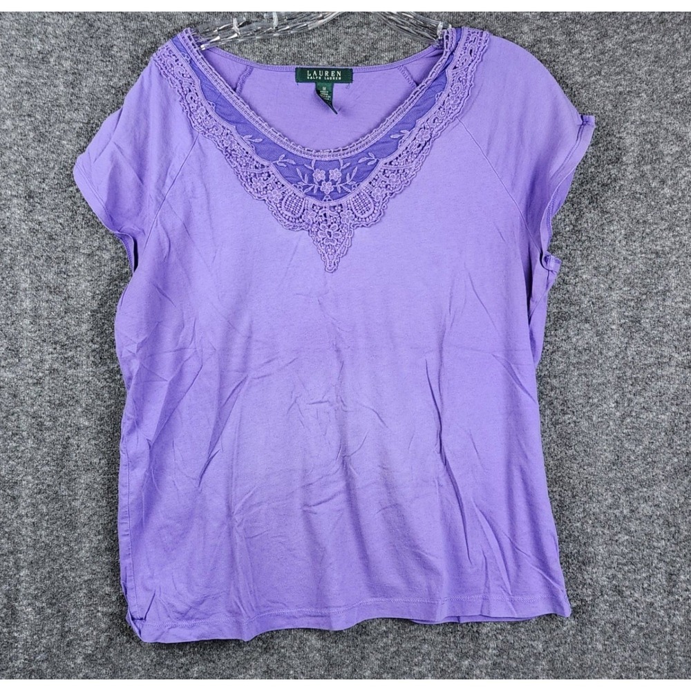 Lauren Ralph Lauren‎ Top Women 1X Purple Crochet Lace V-Neck Cotton Short Sleeve